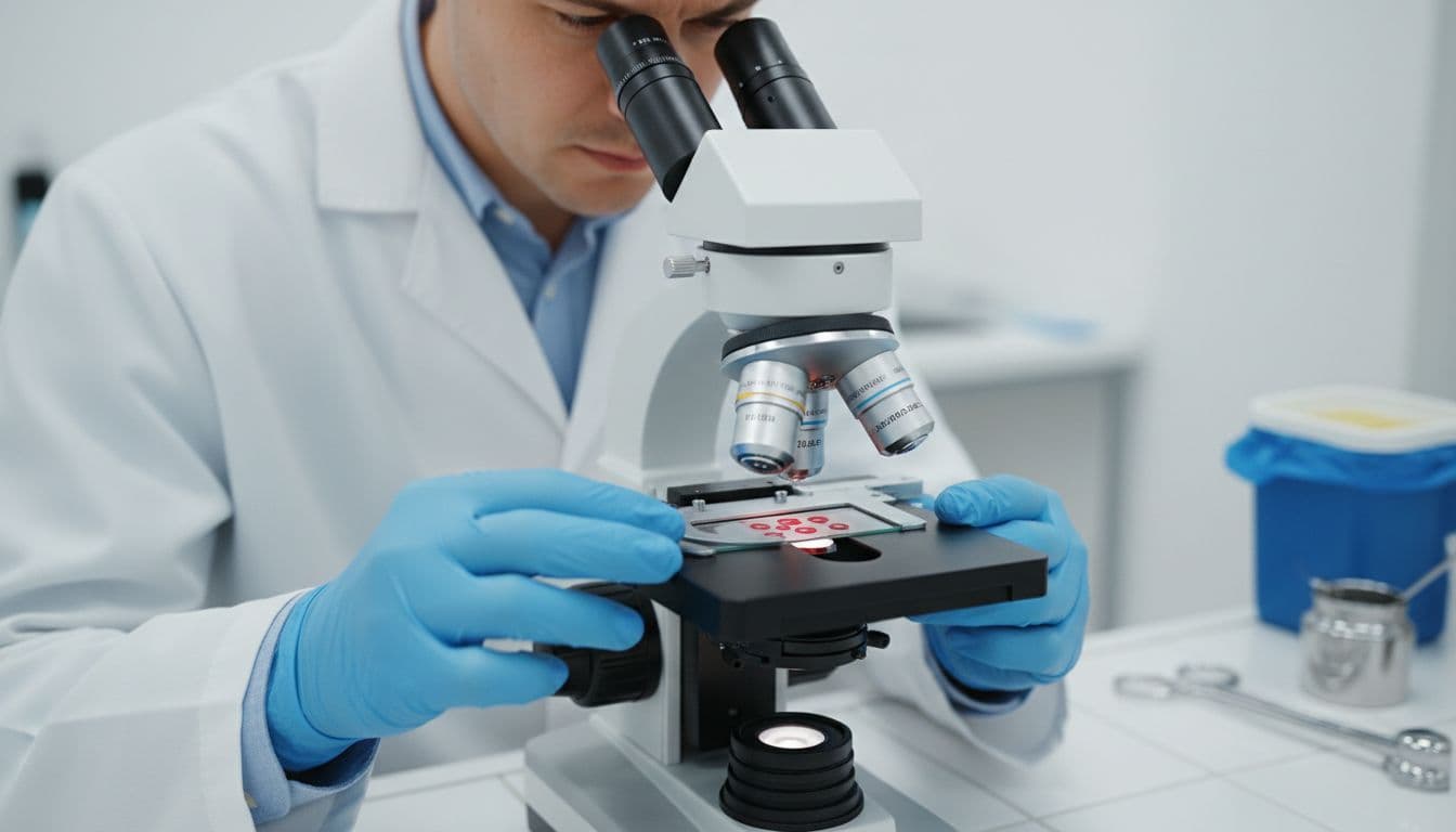 A focused lab technician in a white coat adjusts a microscope to view a blood smear for malaria diagnosis in a modern clinic lab, with bright clinical lighting.
