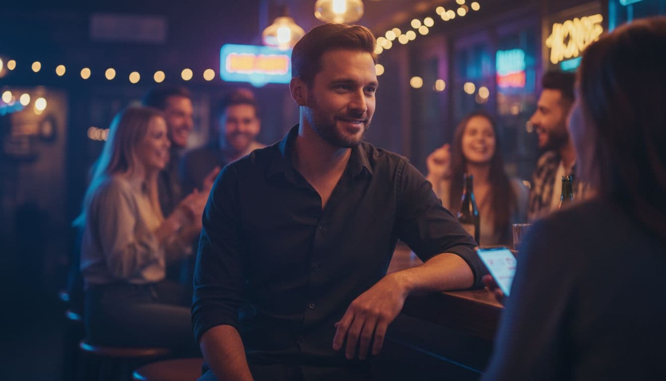 Man in his 30s sitting casually at a lively bar with blurred friends in background, holding smartphone with subtly blurred dating app on screen, relaxed flirtatious smile, realistic nightlife photography under dim neon lighting.