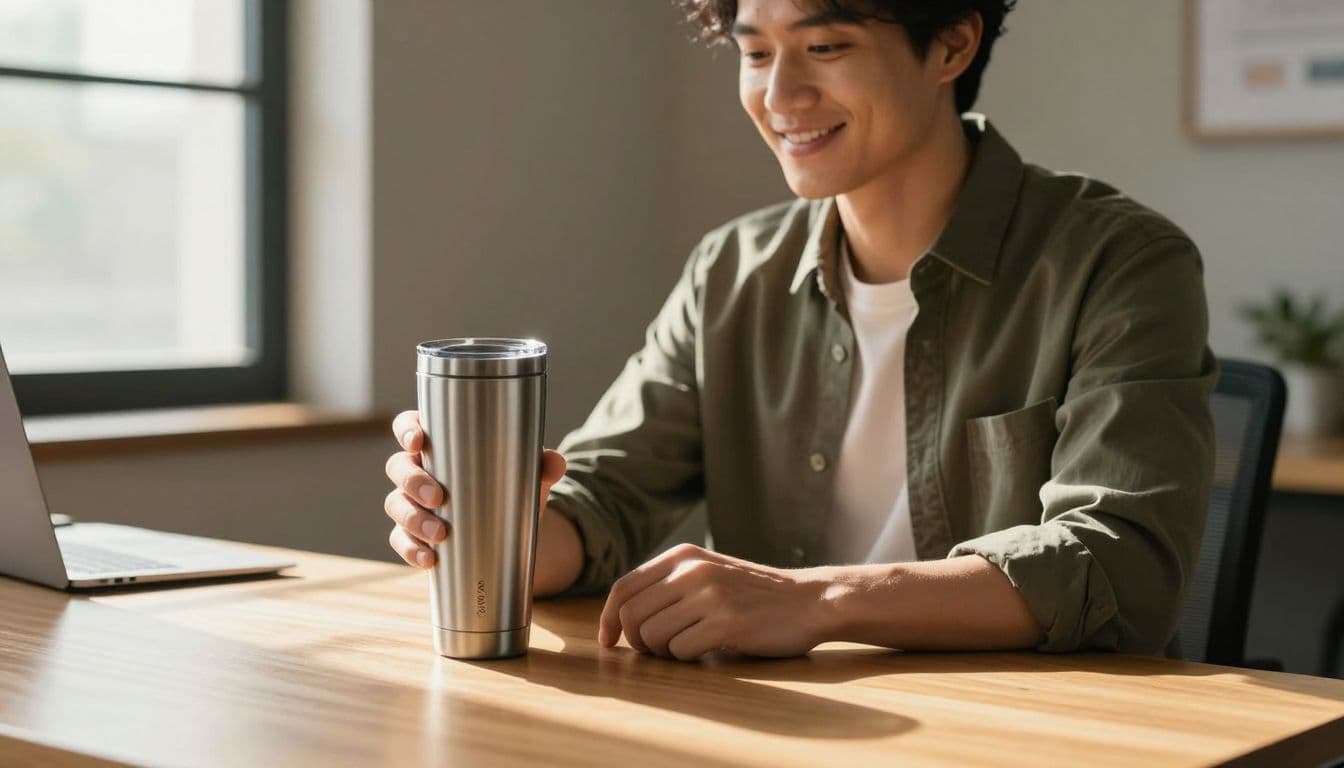 A man sits at a clean wooden desk, holding a sleek stainless steel travel tumbler. Warm natural light streams from a side window, highlighting the organized workspace and his productive expression.