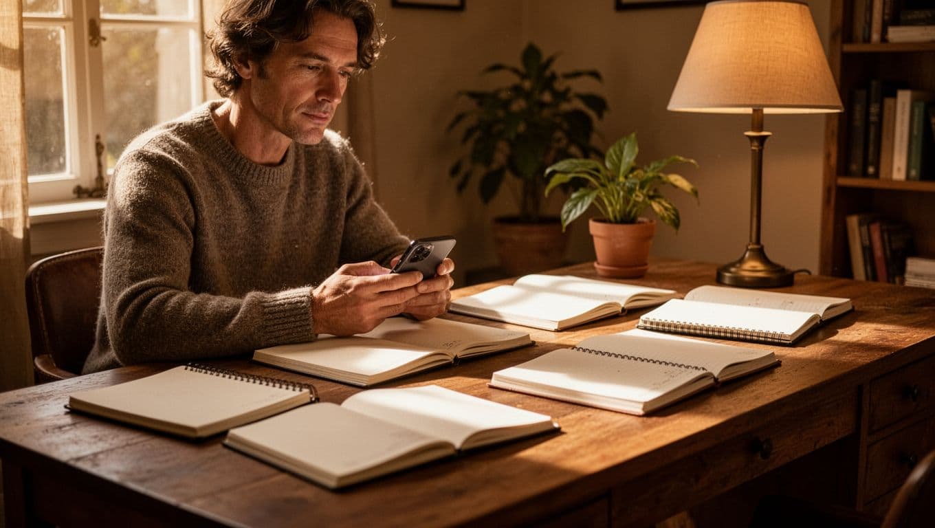 A person sits at a rustic wooden desk in a dimly lit office, examining a smartphone while comparing figures across several open notebooks. Warm golden light creates deep, thoughtful shadows.