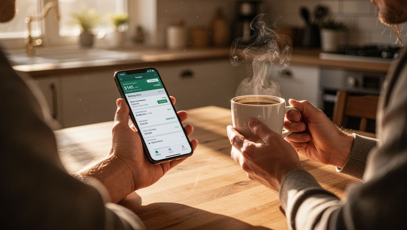 A person sits at a wooden kitchen table, holding a smartphone while enjoying a cup of steaming coffee. Warm morning sunlight illuminates the cozy scene, highlighting the person's focused and relaxed posture.