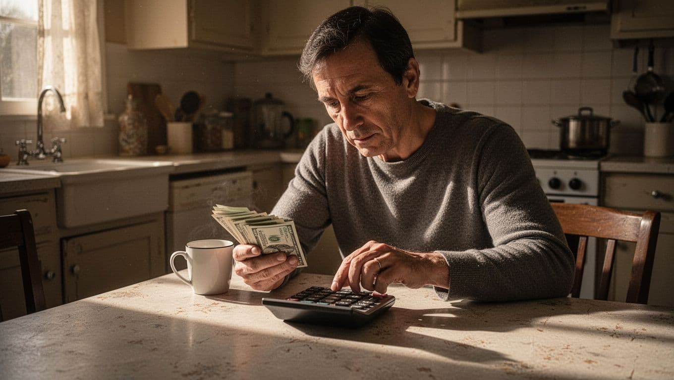 A person sits at a rustic kitchen table under moody, warm lighting while focusing on a calculator and a scattered pile of financial documents to organize their home expenses effectively.