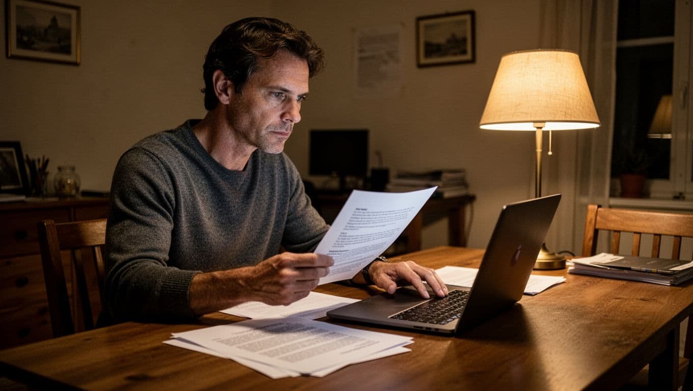 A focused individual sits at a wooden dining table, carefully analyzing printed financial statements and a laptop screen. Warm ambient lighting illuminates the workspace, highlighting a professional atmosphere for managing assets.