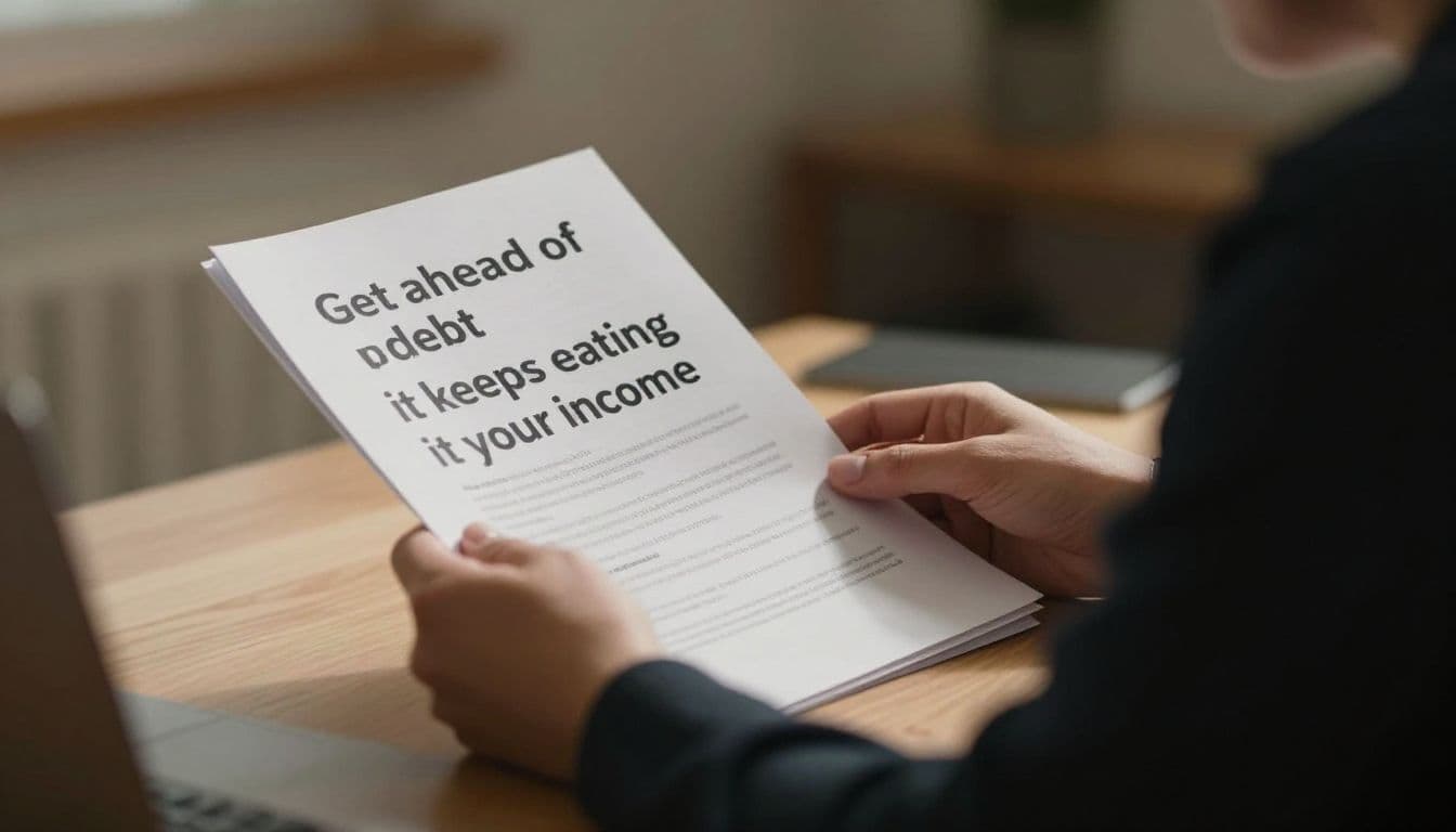 An individual sits at a desk under warm light, carefully organizing paperwork to manage personal debt. The cinematic lighting emphasizes the depth of the workspace and the serious tone of finances.