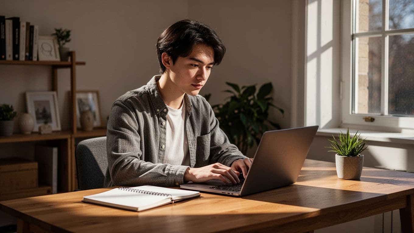 A focused young professional works on a sleek wooden desk, typing on a laptop to manage finances. Warm sunlight floods the cozy office, highlighting a notebook and organized workspace area.