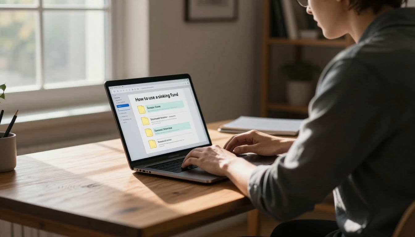 A focused individual works at a minimalist wooden desk, navigating digital financial folders on a laptop screen. Soft sunlight streams from a side window, highlighting the organized workspace and productive atmosphere.