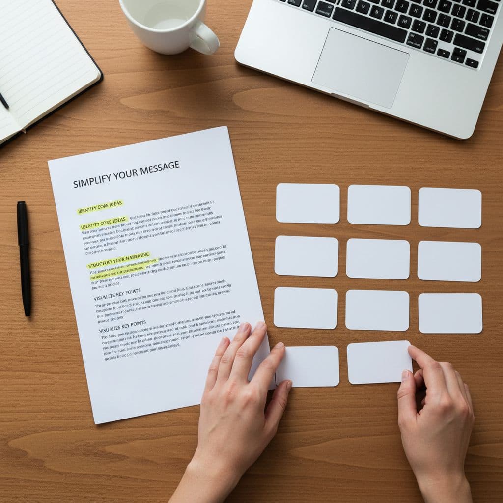 Hands arrange blank slide cards next to a printed blog post on a wooden desk.