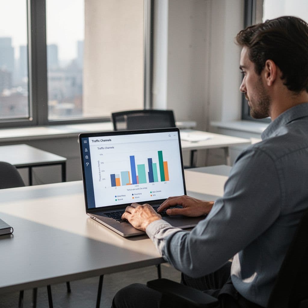 A professional reviews an abstract conversion dashboard on a laptop in a modern office.