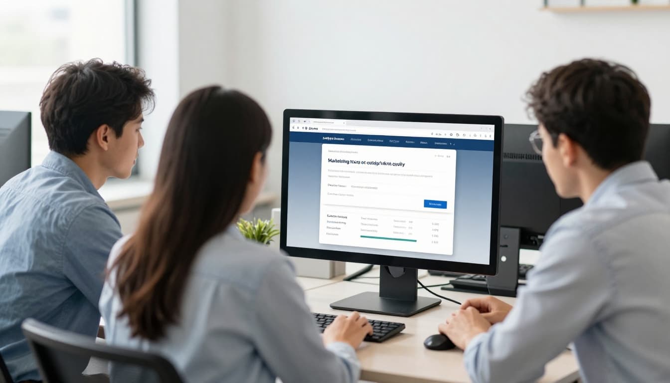 Two professionals collaborate while viewing website performance analytics on a large computer monitor in a modern office.