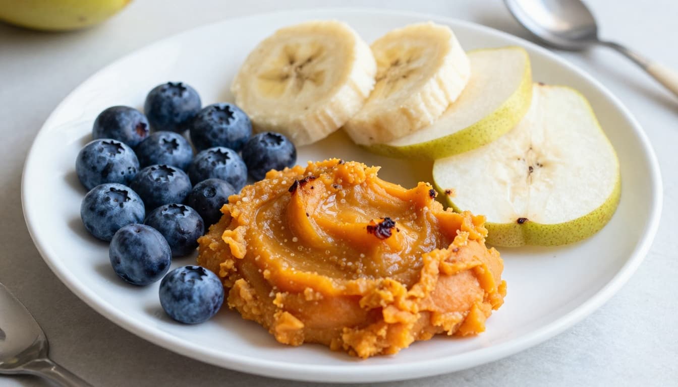 Top-down view of divided baby plate with mashed banana, soft pear slices, sweet potato mash, soft blueberries, and small spoon.