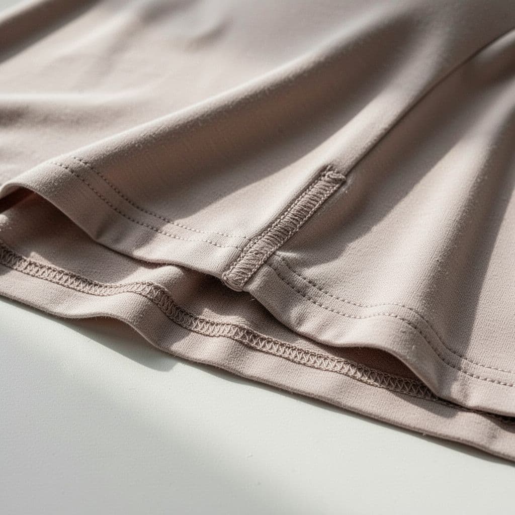 Close-up of neatly stitched hem on soft neutral maternity garment.