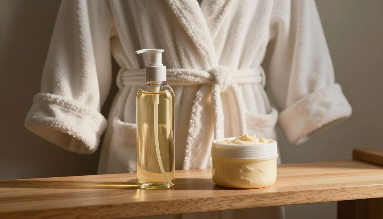 A glass bottle of body oil and a tub of rich belly butter sit neatly on a rustic wooden shelf. A plush white bathrobe hangs in the soft, morning background light.