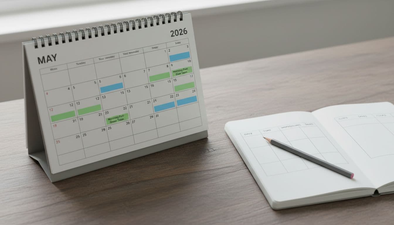 Open May 2026 desk calendar with blue and green highlighted slots next to tracking notebook on wooden surface.