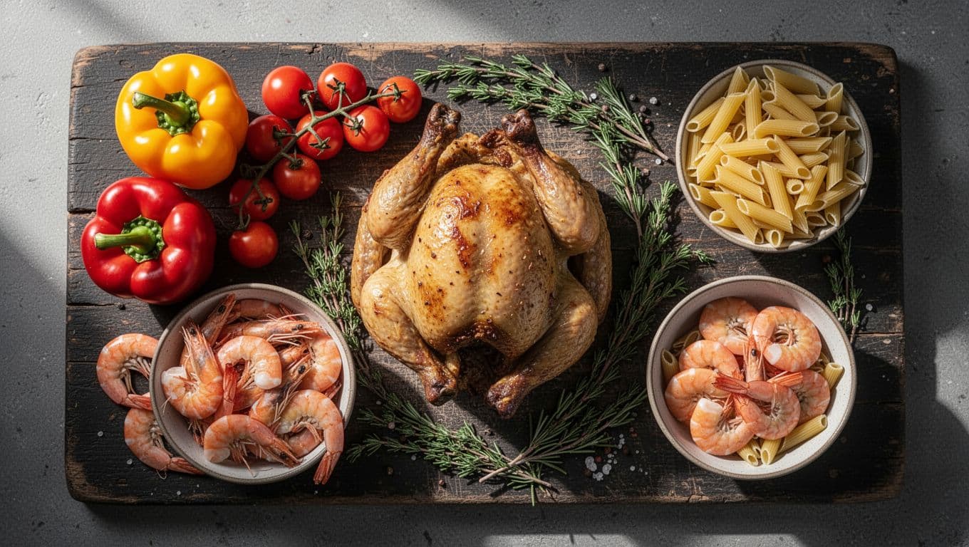 A dark rustic wooden surface displays colorful bell peppers, juicy cherry tomatoes, a roasted chicken, fresh green herbs, raw shrimp, and pasta. Top-down lighting creates high contrast across the healthy spread.