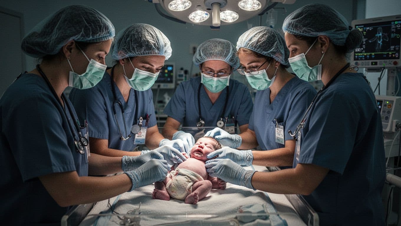 A focused medical team gathers around a newborn in a dimly lit delivery room. Soft overhead lights highlight the professionals as they carefully monitor the baby in a calm environment.
