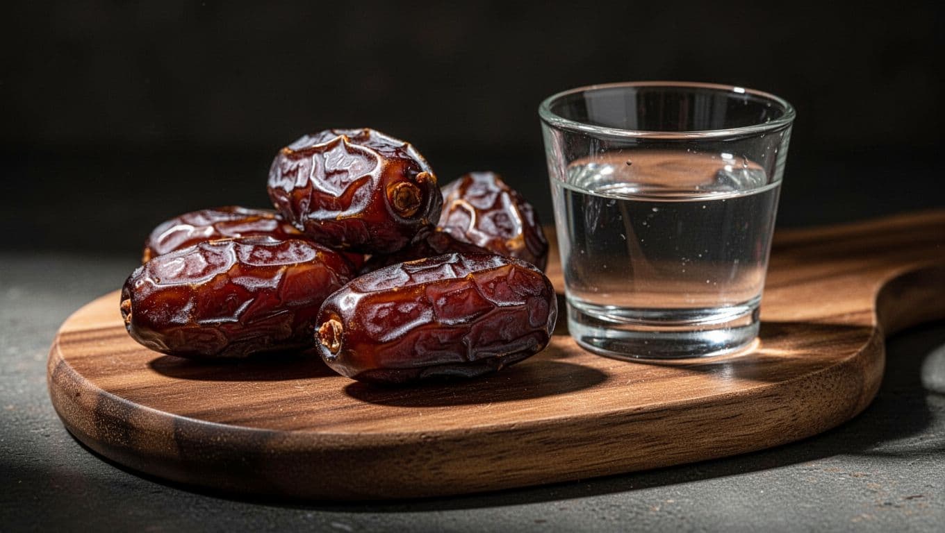 Several plump, wrinkled Medjool dates rest on a rustic wooden board, positioned next to a small glass of water. Dramatic side lighting creates deep shadows against the dark, moody background.