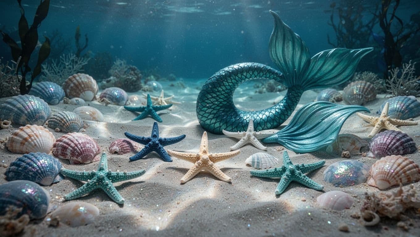 A festive table arrangement features decorative seashells and vibrant starfish set against a teal and blue color palette. Iridescent sparkles catch the soft light to create an enchanting underwater-themed celebration atmosphere.