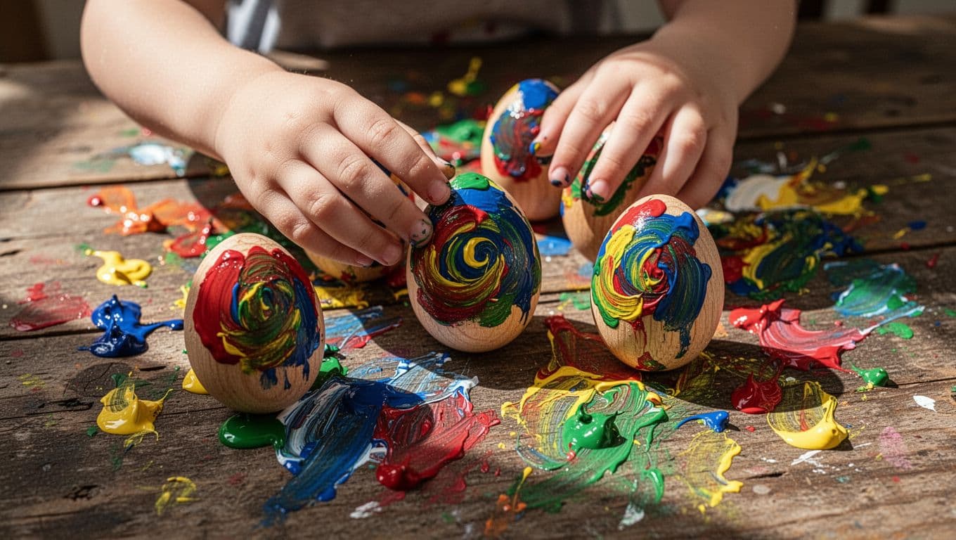 Small hands are covered in vibrant acrylics while decorating smooth wooden egg shapes on a weathered table. Bright swirls and messy paint splatters create a tactile, creative scene full of color.