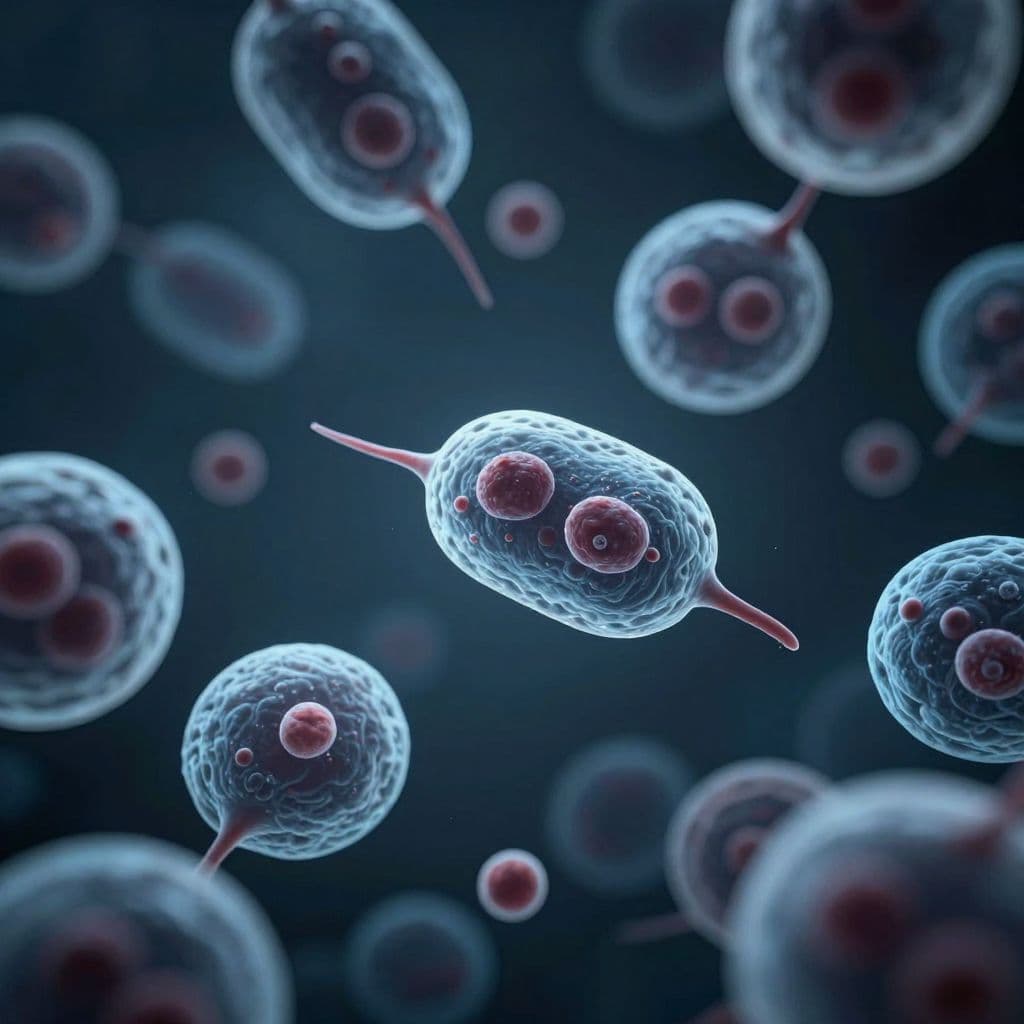 Stylized blood cells and glowing biological particles float within a dark laboratory environment. The composition features sharp contrast with vibrant blue and white light rays piercing through the deep shadows.