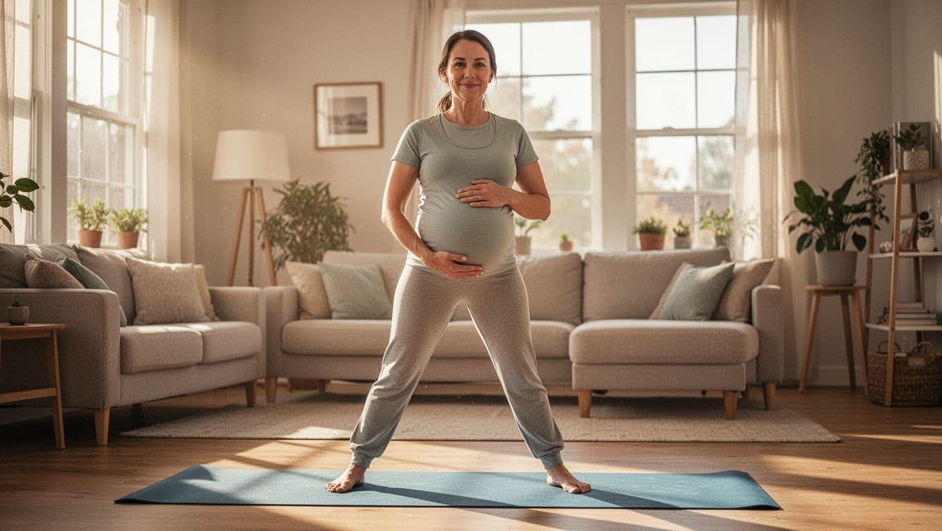 Pregnant woman in mid-30s performs gentle stretches on yoga mat in sunny living room, hand on belly.