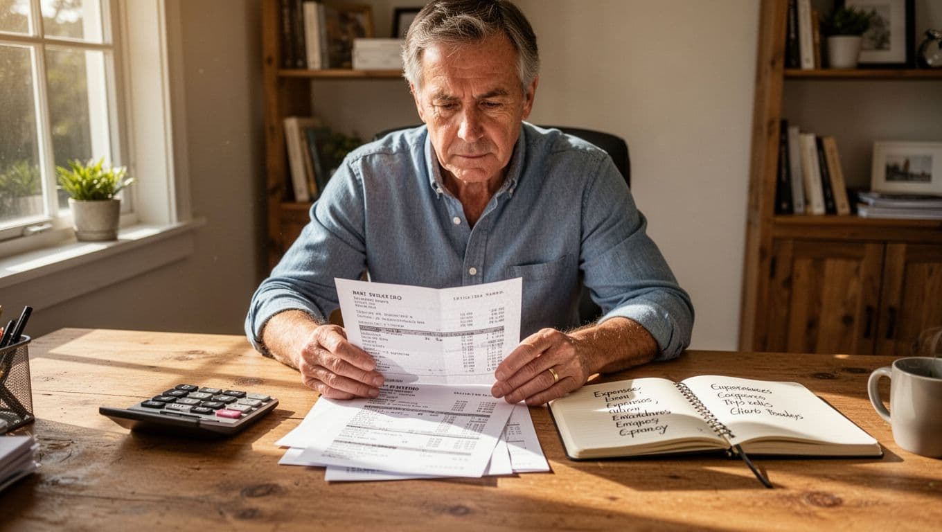 A middle-aged person at a wooden desk in a bright home office reviews printed bank statements, calculator, and notebook listing expense categories like housing, food, and utilities, with a focused expression.