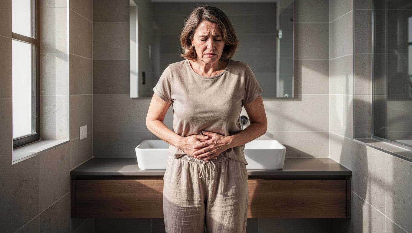 Middle-aged woman stands in modern tiled bathroom, subtly clutching lower abdomen with mild discomfort.