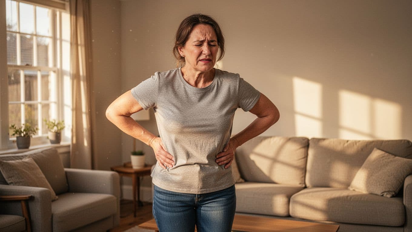 Middle-aged woman in casual clothes stands in living room, hand on lower back, subtle wince on face.