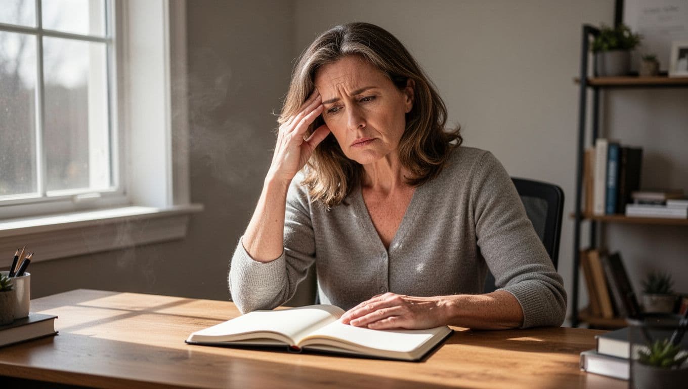 Mid-40s woman stares blankly at open notebook on home office desk, rubbing temple.