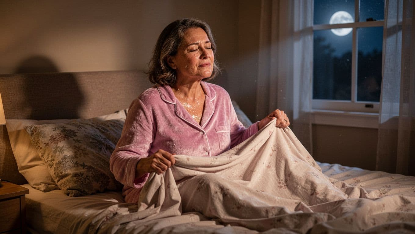 Middle-aged woman in pajamas sits up in moonlit bedroom, damp forehead and neck, holding sheet away.