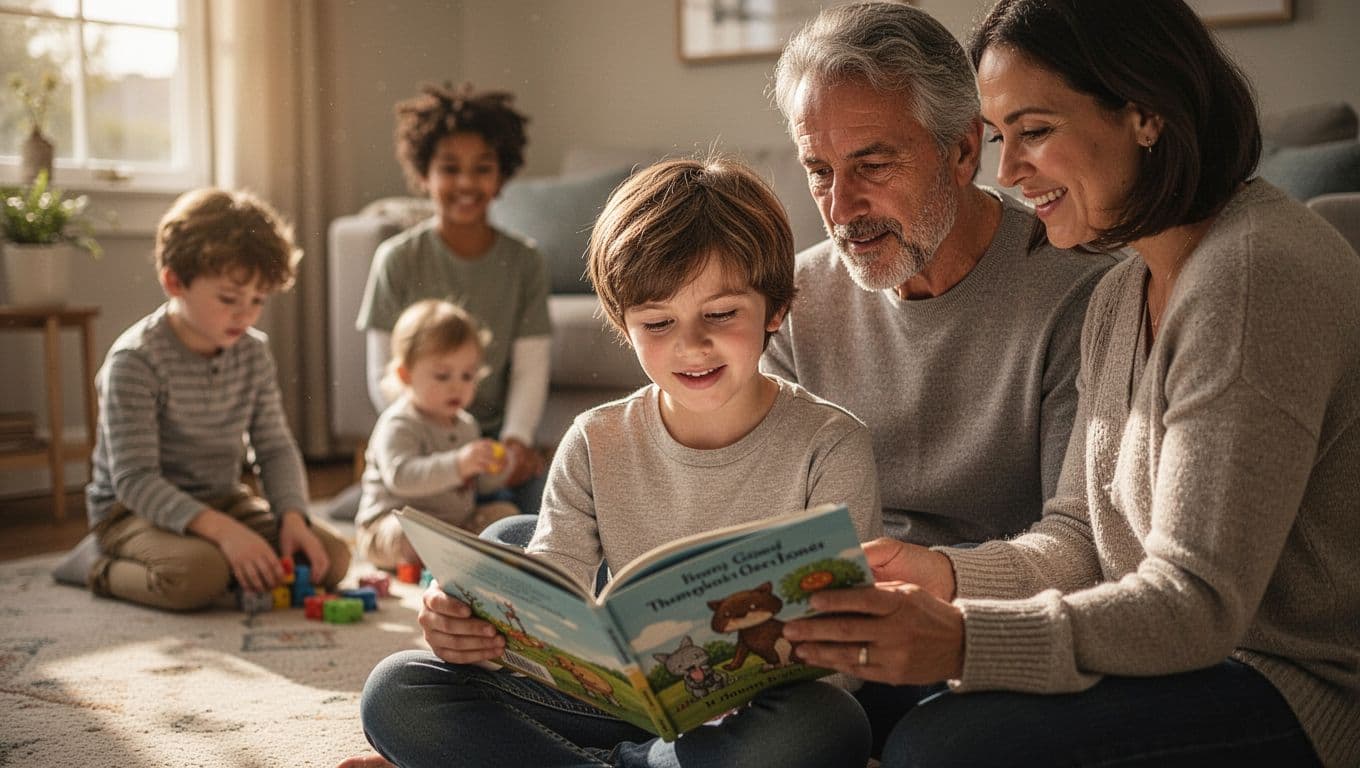 Middle child shares book with parent in living room while siblings play nearby.