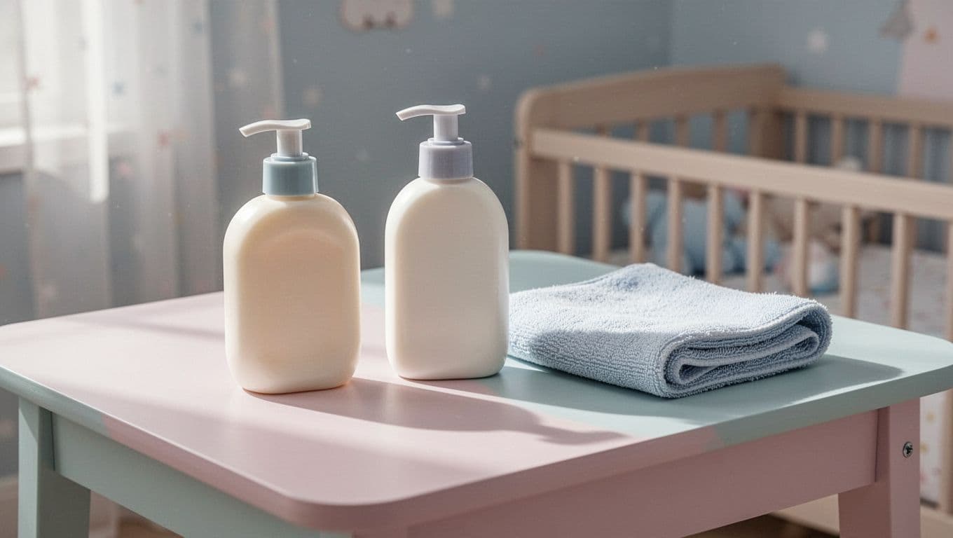 Plain soap bottle, lotion bottle, and washcloth on nursery table in soft pastel colors.
