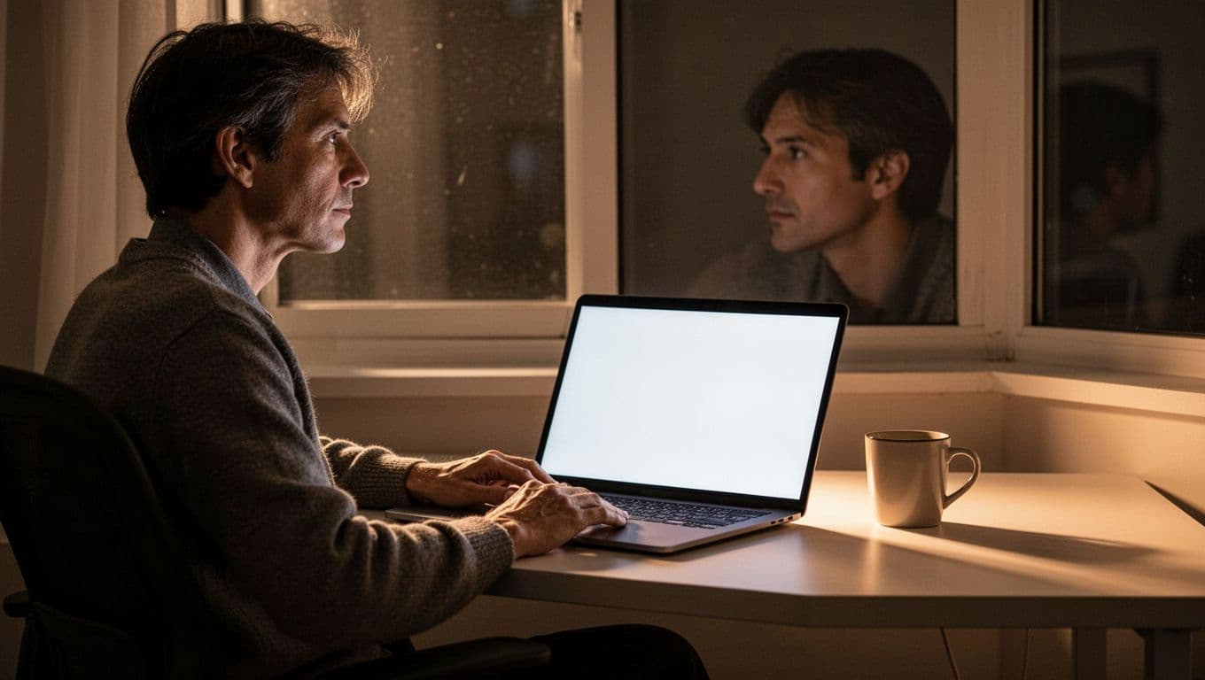 A focused individual sits at a minimalist wooden desk, turning away from their open laptop to gaze into the distance. Warm ambient lighting highlights their contemplative expression while shopping online.