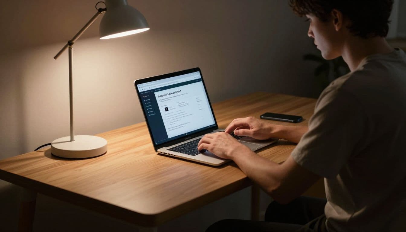 A person sits at a clean wooden desk, carefully updating a sleek laptop under the glow of a warm desk lamp. Deep shadows emphasize a quiet, focused atmosphere for digital security.