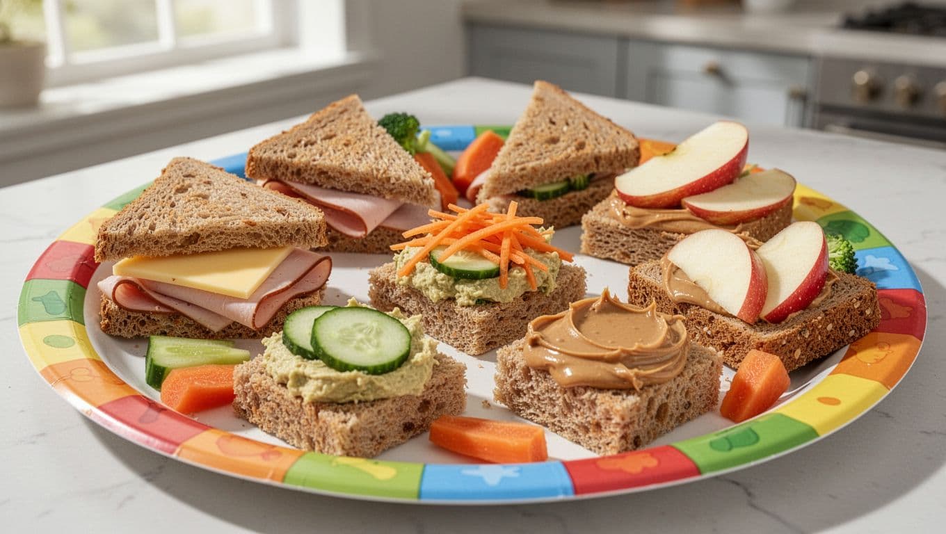 Assortment of 8-10 mini whole grain sandwich bites cut into triangles and squares on a colorful kids plate with turkey cheese, hummus veggie, and PB apple fillings.
