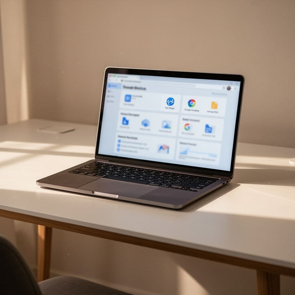 A clean desk featuring an open laptop with a soft-focus screen in a warm office environment.