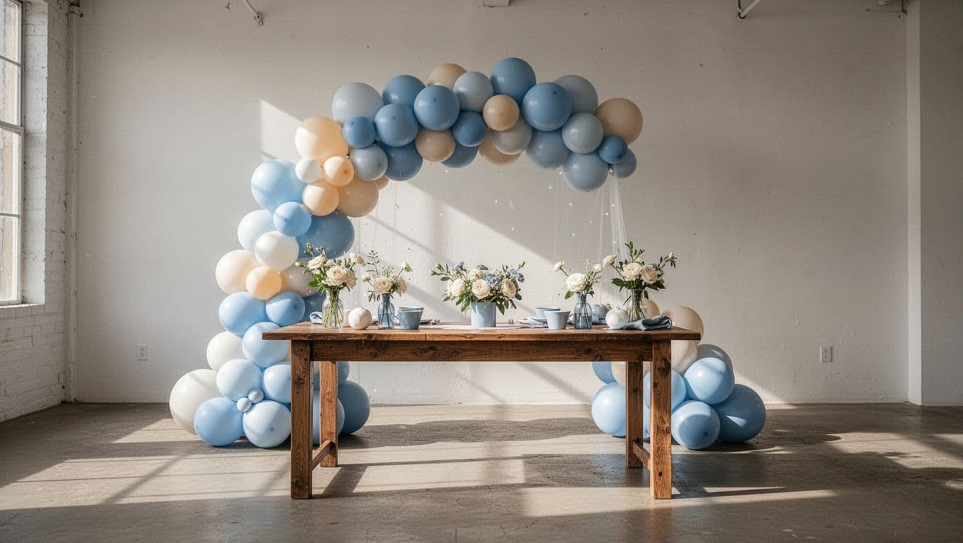 A soft blue and cream balloon arch frames a smooth wooden table decorated with delicate floral arrangements. Natural light highlights the clean, uncluttered surfaces within this serene and elegant celebration space.
