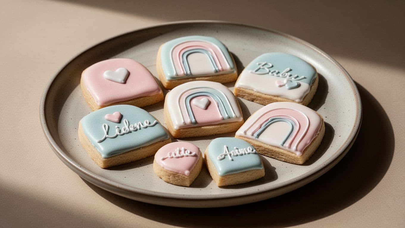 Small pastel cookies featuring delicate icing lettering sit on a matte ceramic plate. The minimalist treats are arranged in arch and heart shapes against a clean, neutral background with cinematic lighting.