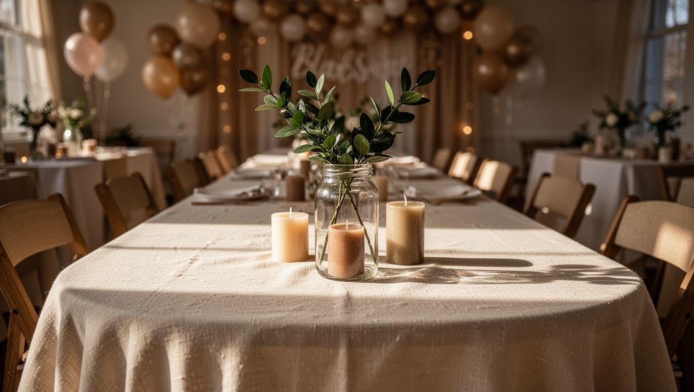 A cream linen tablecloth covers a table featuring a single glass jar with fresh greenery and neutral pillar candles. Soft background lighting creates a warm atmosphere for a simple celebration.