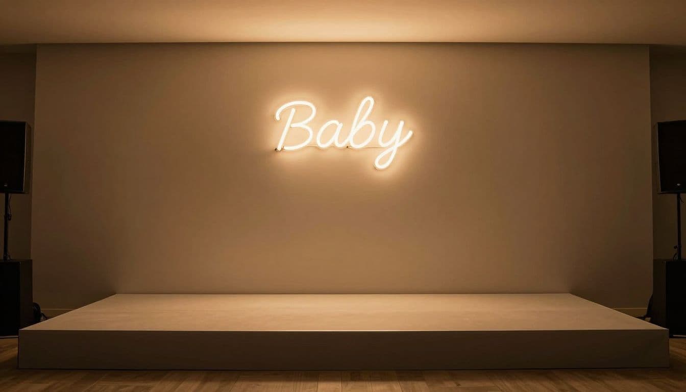 A glowing custom neon sign serves as the central focal point against a smooth, clean wall. A few decorative baby-themed items are arranged elegantly to maintain an uncluttered and sophisticated atmosphere.