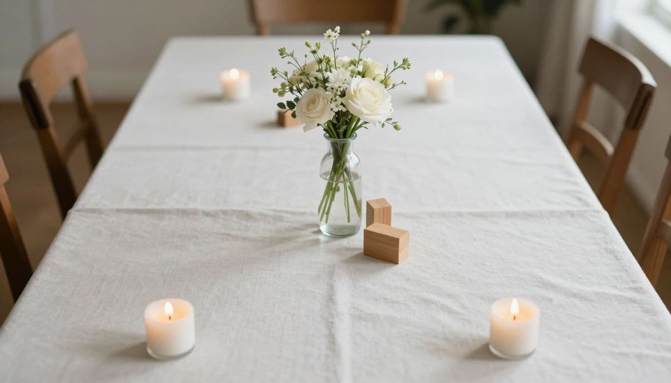A glass vase with flowers, wooden alphabet blocks, and lit candles rest on a tan linen runner. Soft sunlight illuminates the sparse table arrangement against a clean, neutral background setting.