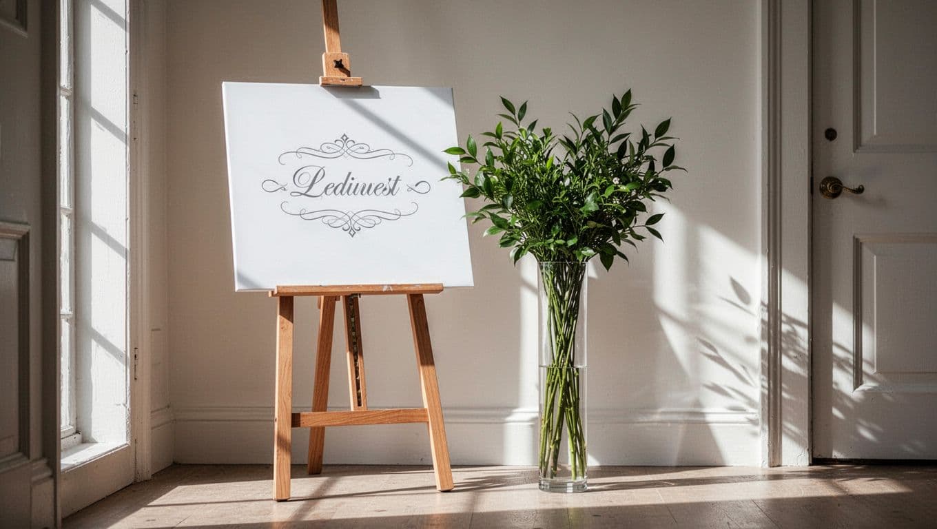 A clean white welcome board sits on a simple wooden easel inside a sunlit entryway. A tall glass vase filled with fresh green foliage stands elegantly beside the display stand.