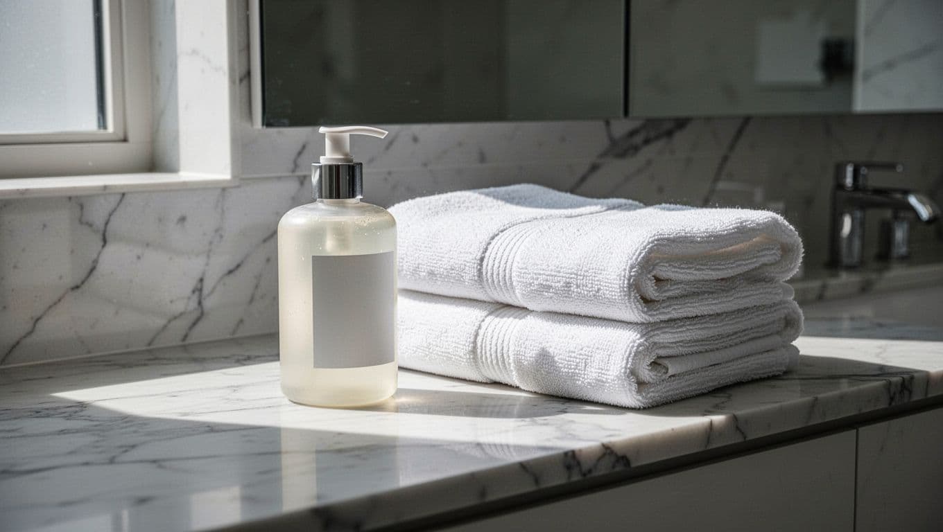A pristine marble surface holds a neatly folded stack of soft white towels alongside a minimalist soap bottle. The soft, cinematic lighting emphasizes the clean textures and sterile bathroom environment.