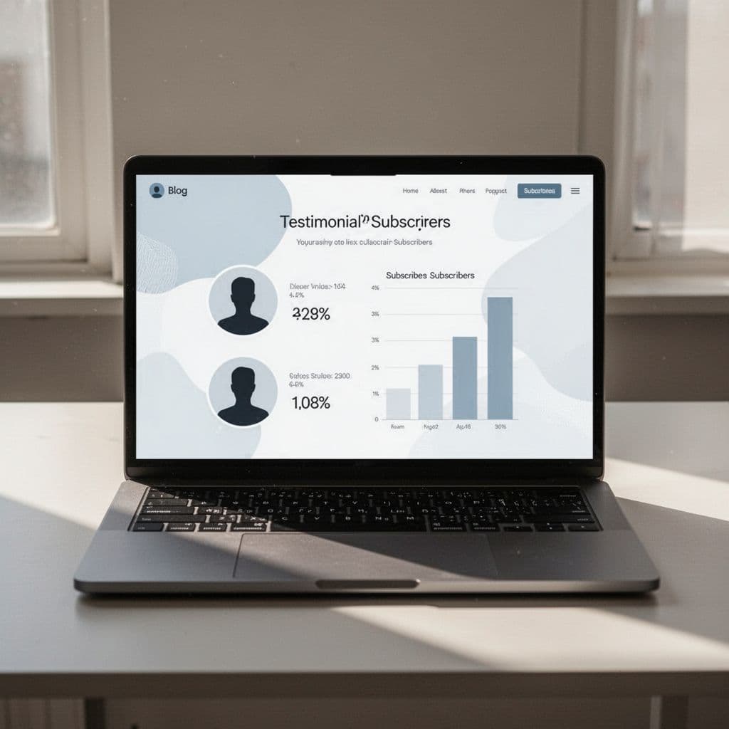 A minimalist laptop screen displays a website homepage featuring testimonial and subscriber count sections.