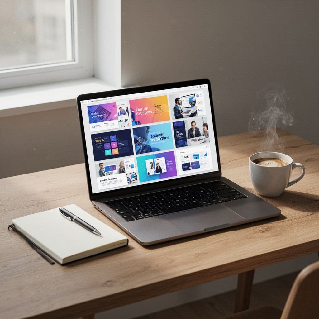 A laptop displays colorful brand mood boards on a clean wooden desk with coffee.