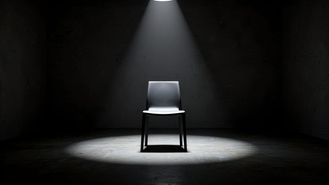 A singular empty chair sits center stage in a dark, barren room. An intense overhead beam of light isolates the seat, casting long shadows and creating a stark, high-contrast visual display.