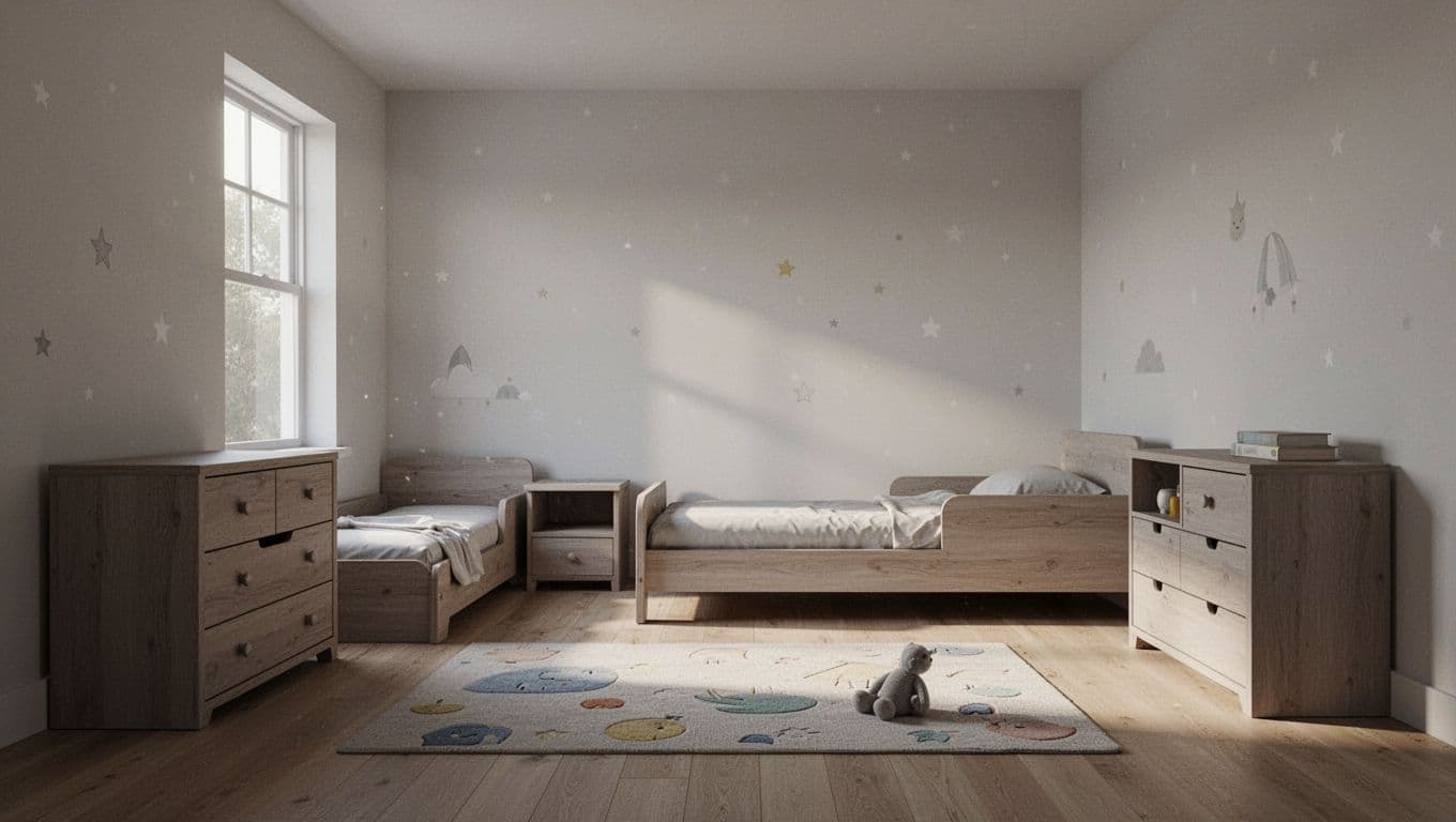 A spacious, clutter-free child's bedroom features sturdy furniture arranged safely against neutral walls. Soft morning sunlight streams in, highlighting the organized layout and creating high contrast across the clean, open floor.