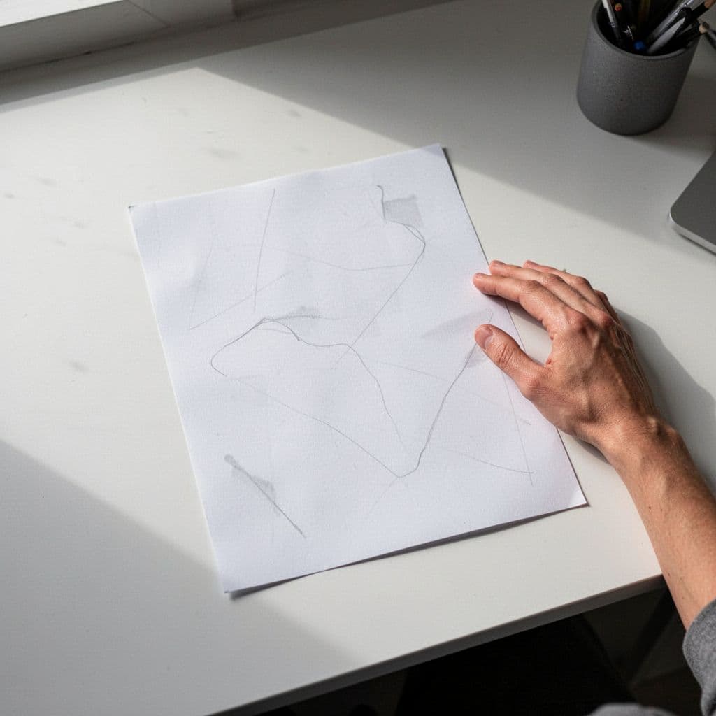 A top-down view of a clean desk with a structured paper template and a resting hand.
