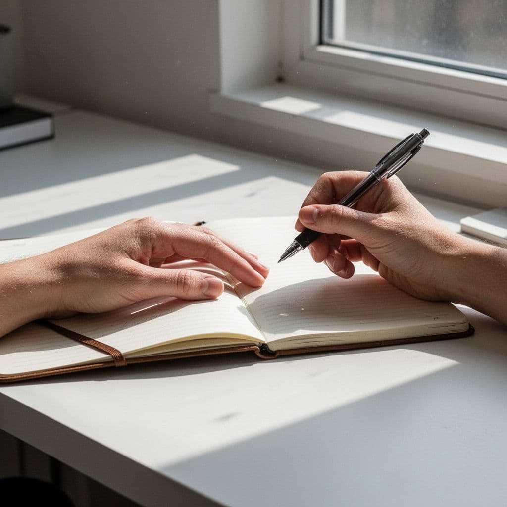 A person writes in a notebook on a bright desk with natural sunlight.