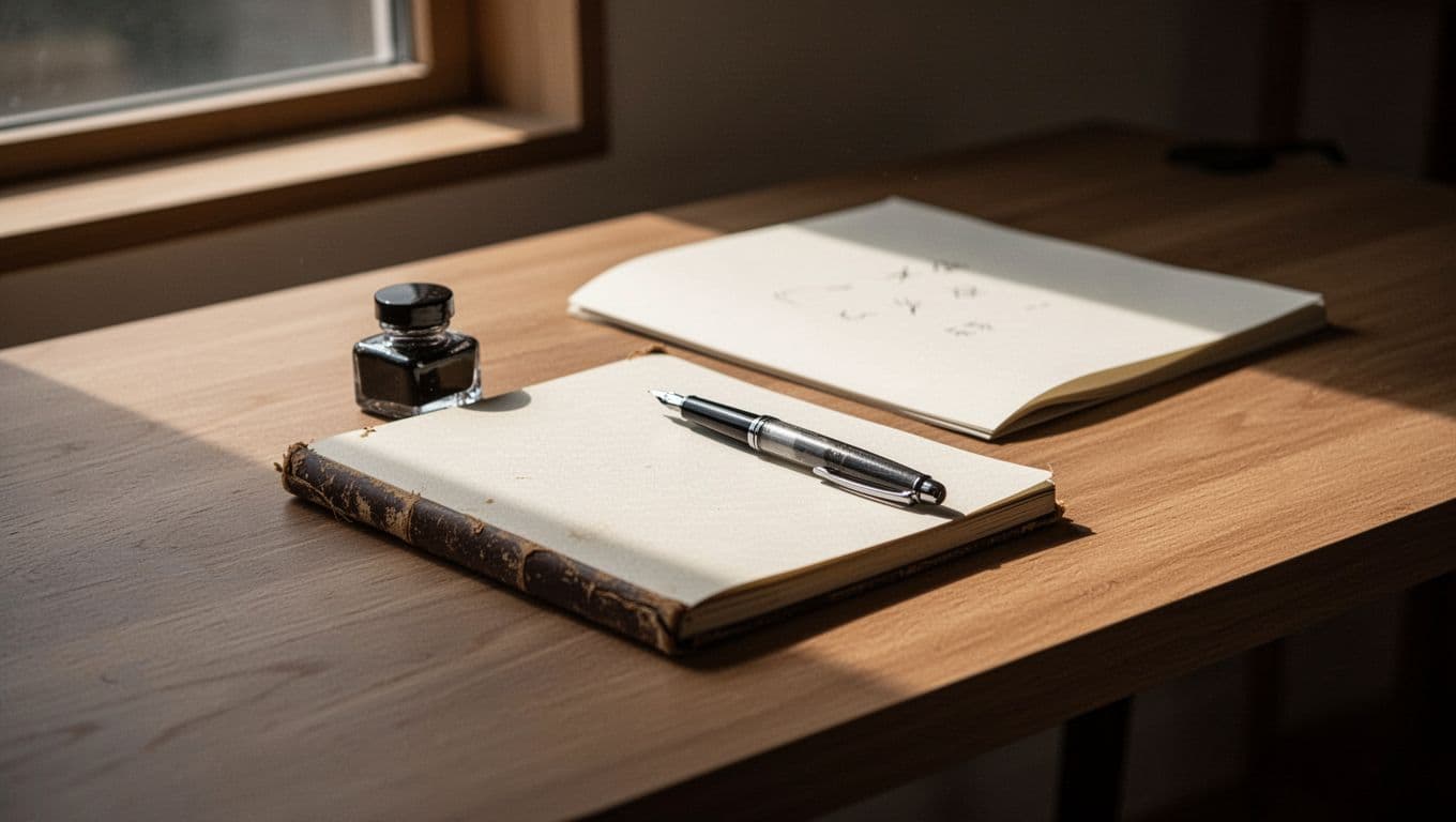 A dark wooden surface holds a vintage paper notebook and a metal pen. A softly lit calendar page rests in the blurred background, creating a calm atmosphere for daily health tracking.