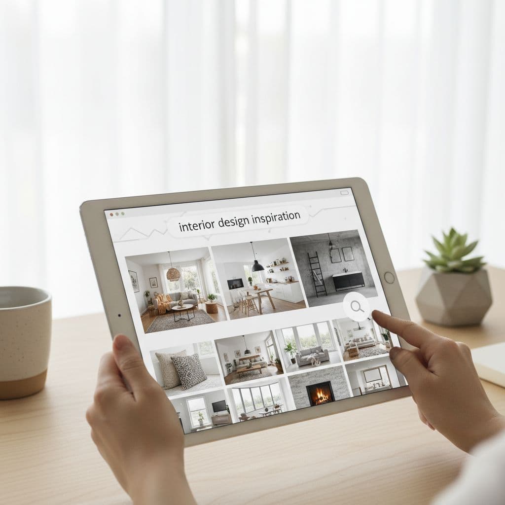 Hands navigate an organized visual search interface on a tablet within a bright professional workspace.